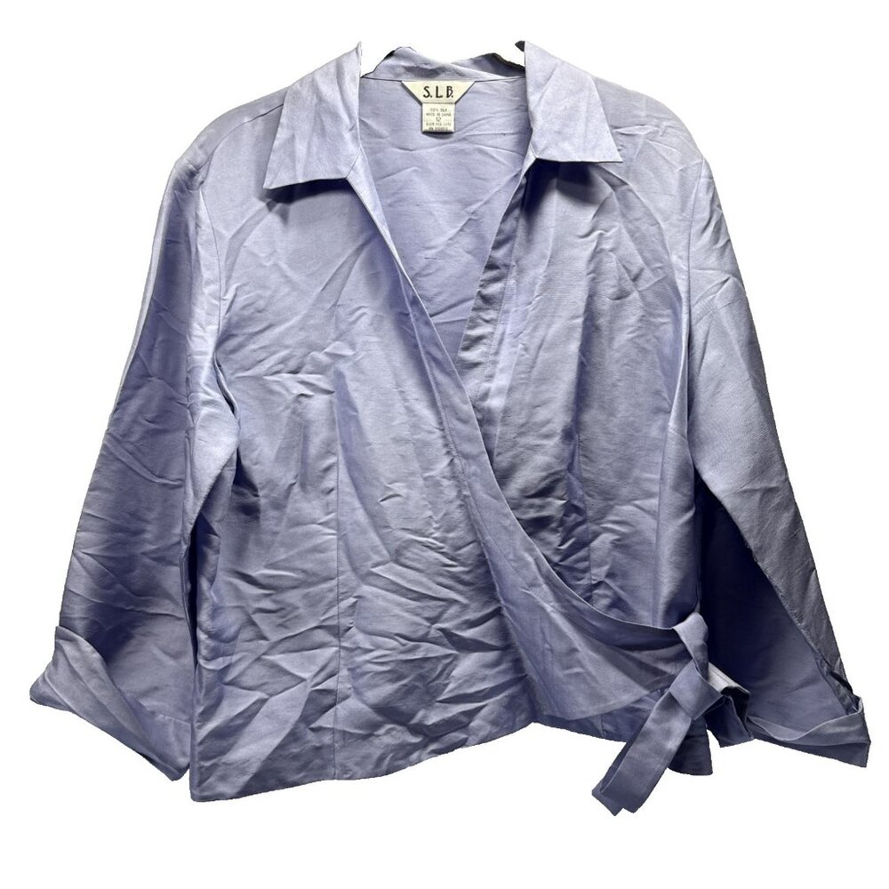 S.L.B. Blouse 100% Silk Size‎ 12 Large Periwinkle Wrap Top Tie 3/4 Casual Sleeve